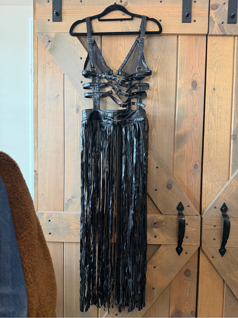Black Faux Leather Fringe Maxi Dress with Harness Straps - Picture 9 of 13